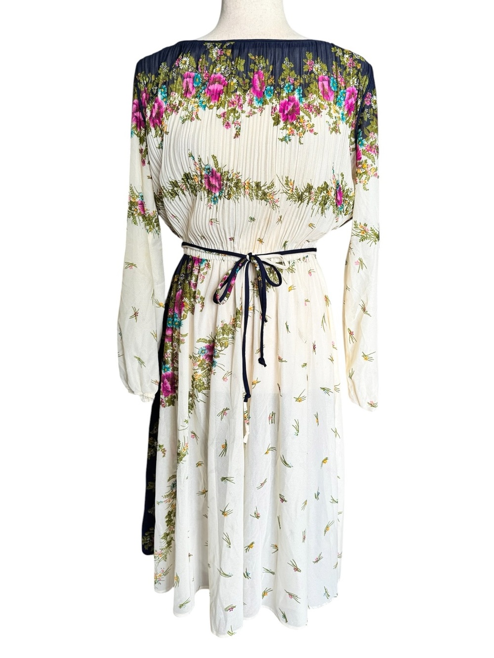 Vintage jcpenney Cream Floral Midi Dress with Navy Accents